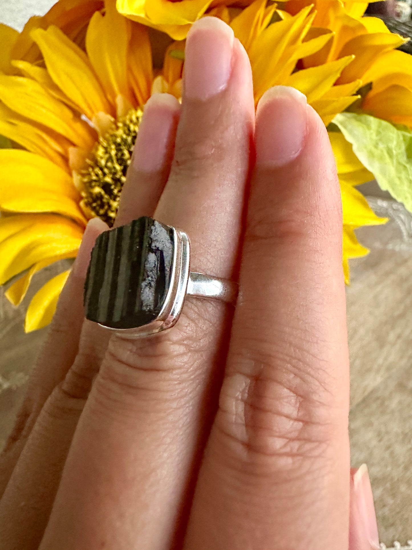 Black Tourmaline Sterling Silver Ring Size 7.5 - Elegant Handcrafted Gemstone Jewelry for Everyday Elegance and Protection