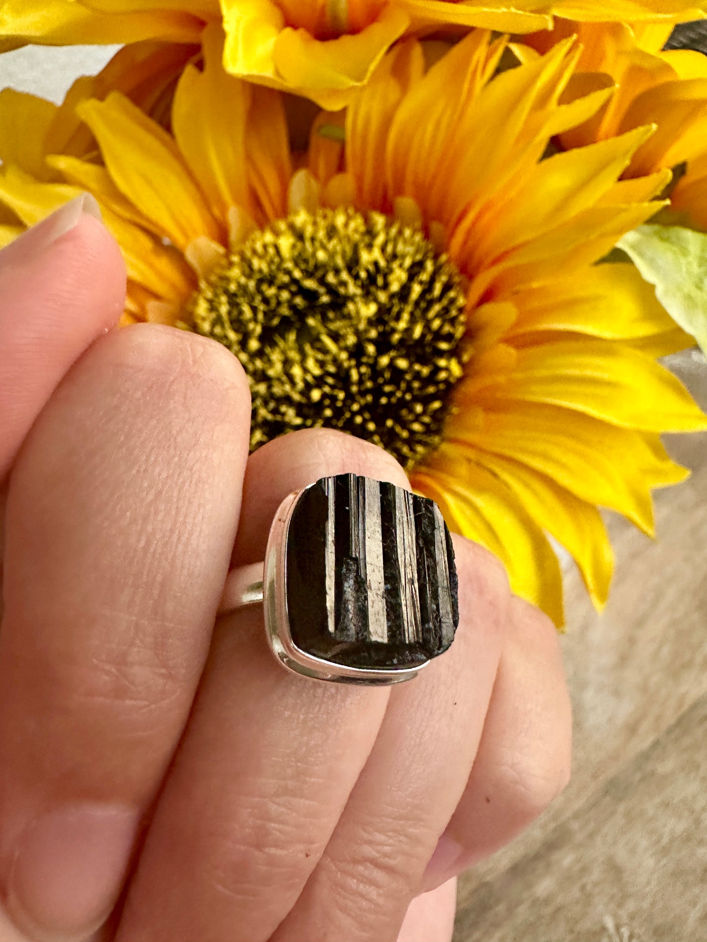 Black Tourmaline Sterling Silver Ring Size 7.5 - Elegant Handcrafted Gemstone Jewelry for Everyday Elegance and Protection