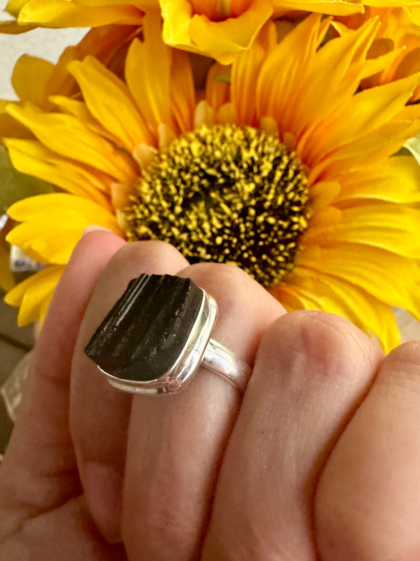 Black Tourmaline Sterling Silver Ring Size 7.5 - Elegant Handcrafted Gemstone Jewelry for Everyday Elegance and Protection