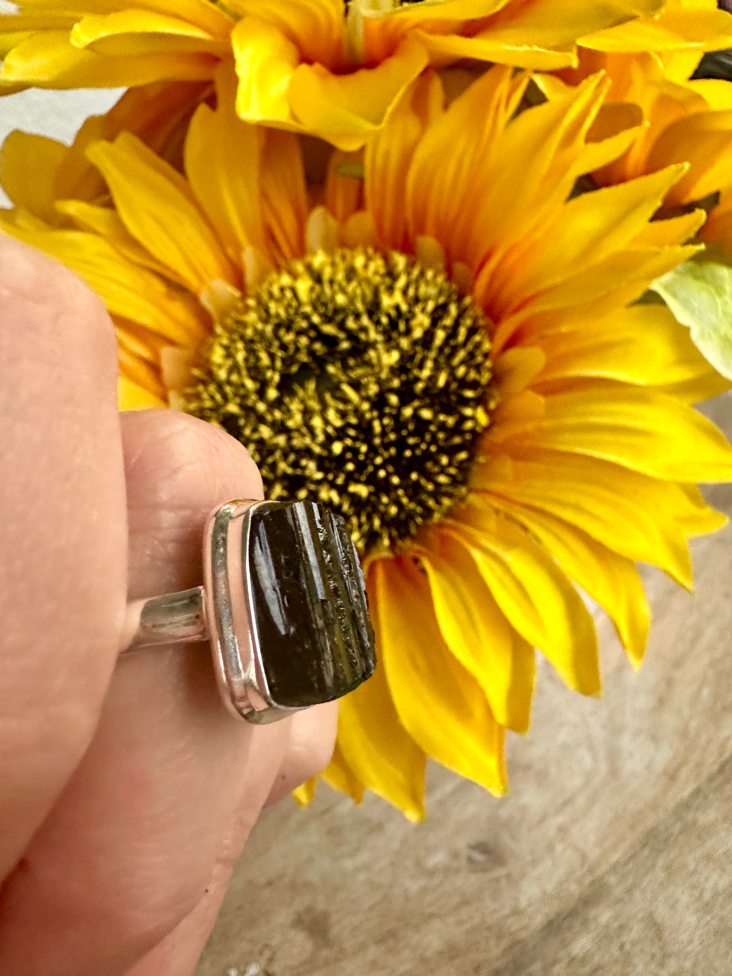 Black Tourmaline Sterling Silver Ring Size 7.5 - Elegant Handcrafted Gemstone Jewelry for Everyday Elegance and Protection