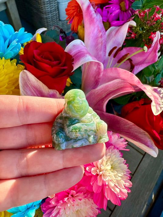 Serenity Moss Agate Buddha Carving - Embrace Peace and Nature with This Exquisite Handcrafted Piece