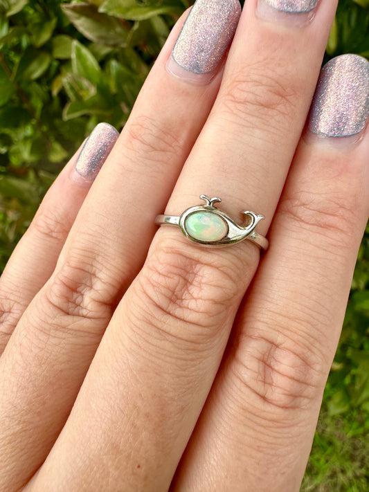 djustable Sterling Silver Opal Whale Ring - Handmade Natural Gemstone Jewelry - Unique Gift for Her - Ocean-Inspired Boho Style Statement Ring