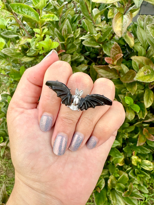 Adjustable Stainless Steel Obsidian Bat Ring - Natural Gemstone Jewelry - Unique Gothic Boho Style Statement Ring - Perfect Gift for Her