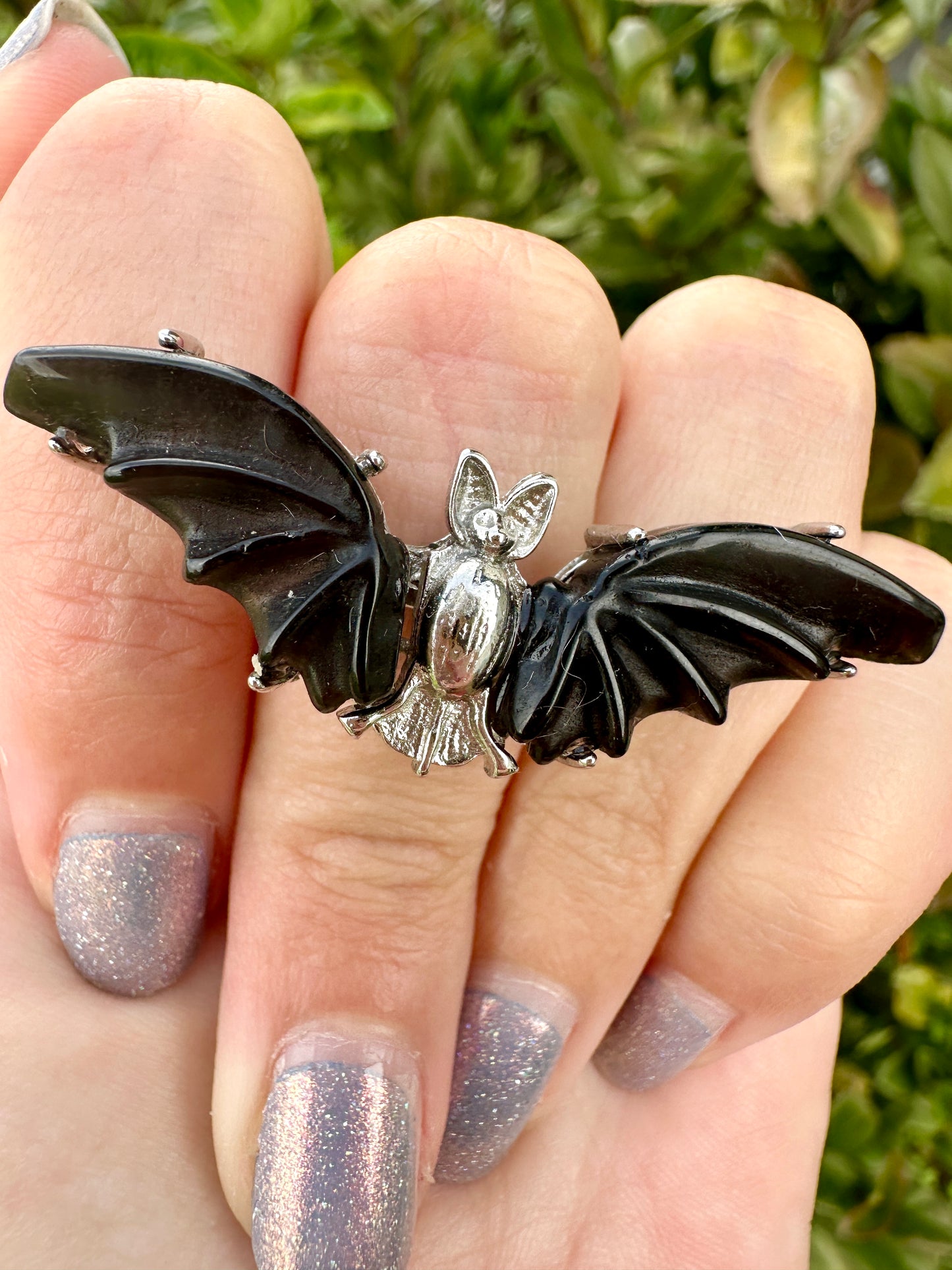 Adjustable Stainless Steel Obsidian Bat Ring - Natural Gemstone Jewelry - Unique Gothic Boho Style Statement Ring - Perfect Gift for Her