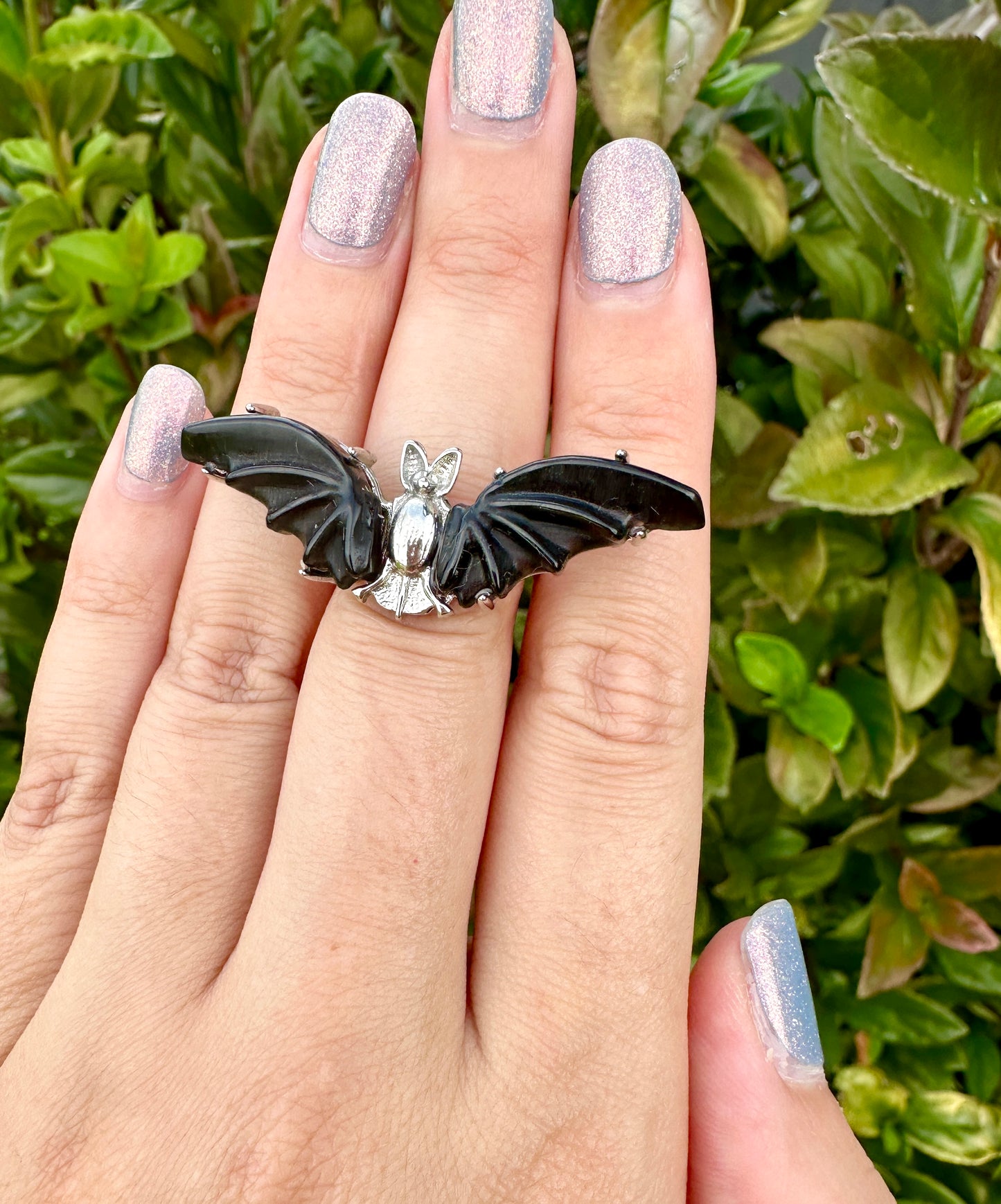 Adjustable Stainless Steel Obsidian Bat Ring - Natural Gemstone Jewelry - Unique Gothic Boho Style Statement Ring - Perfect Gift for Her