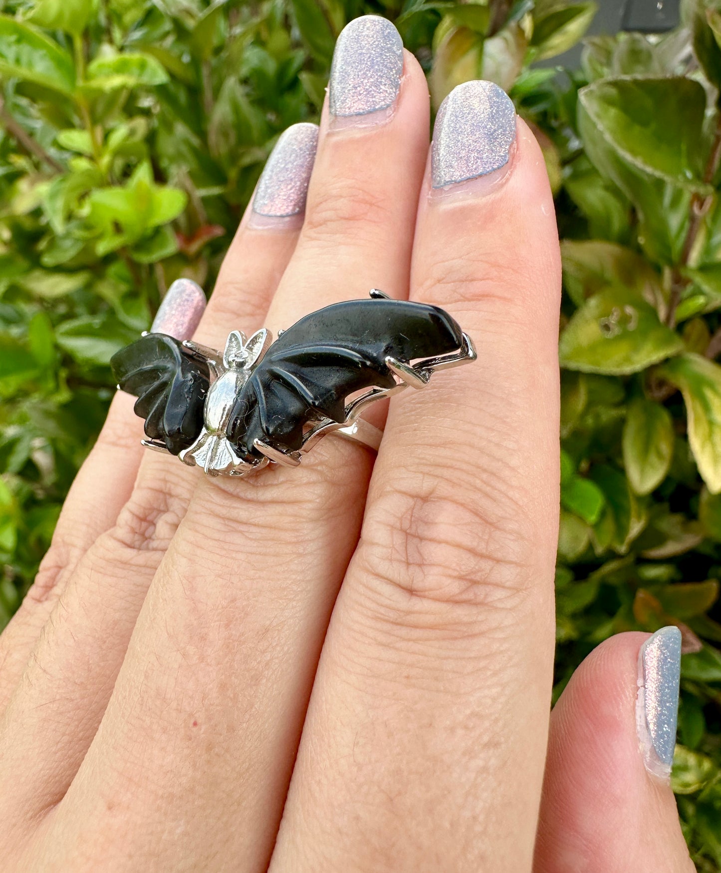 Adjustable Stainless Steel Obsidian Bat Ring - Natural Gemstone Jewelry - Unique Gothic Boho Style Statement Ring - Perfect Gift for Her