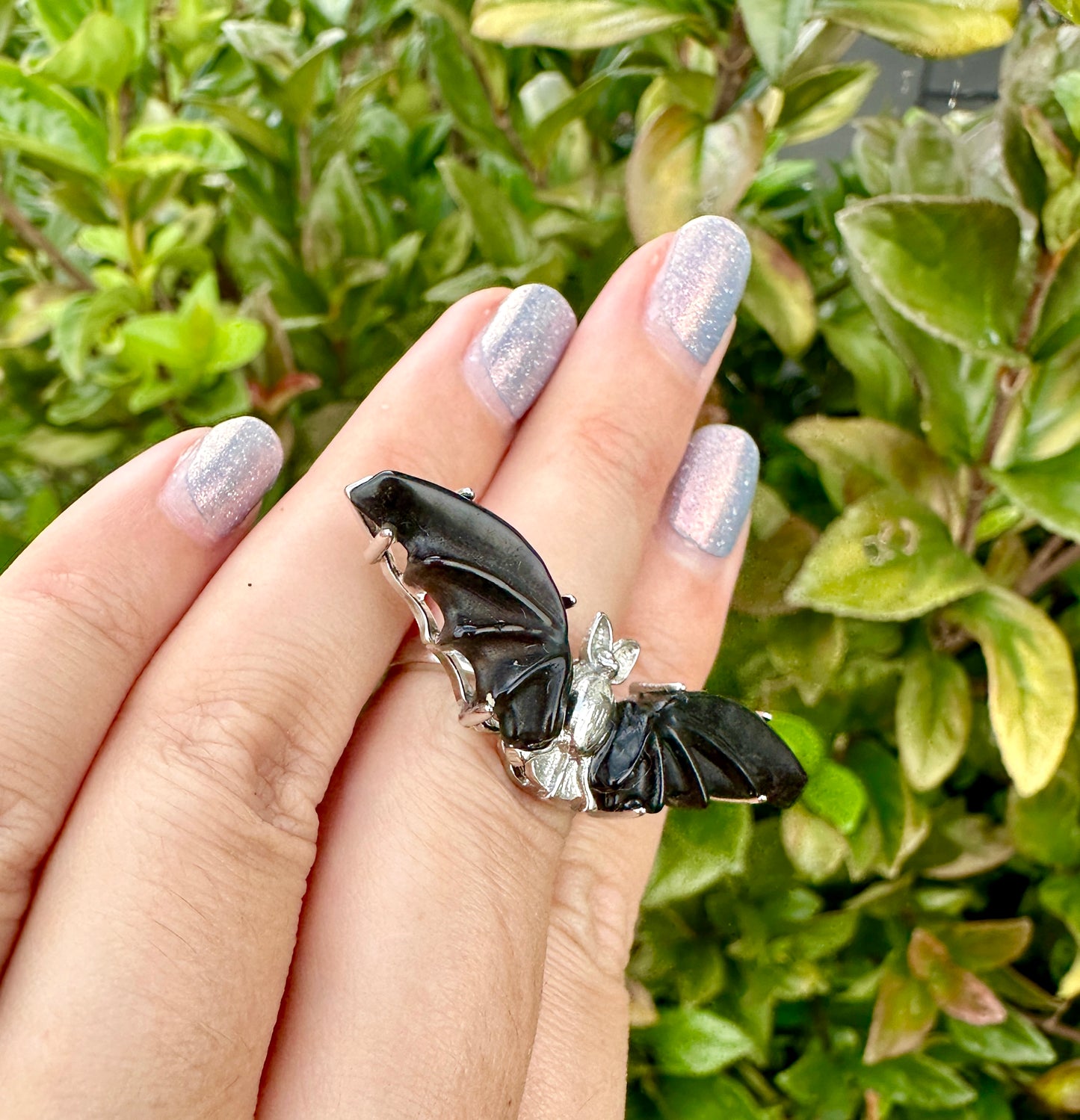 Adjustable Stainless Steel Obsidian Bat Ring - Natural Gemstone Jewelry - Unique Gothic Boho Style Statement Ring - Perfect Gift for Her