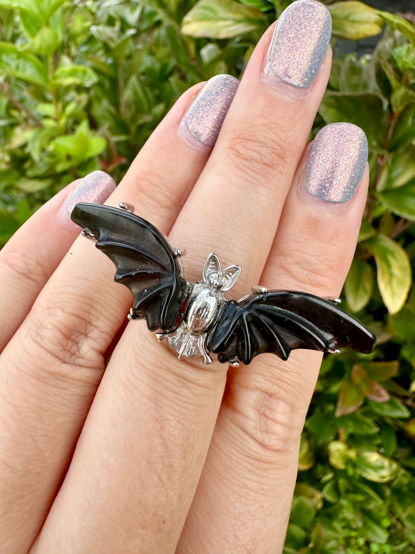 Adjustable Stainless Steel Obsidian Bat Ring - Natural Gemstone Jewelry - Unique Gothic Boho Style Statement Ring - Perfect Gift for Her