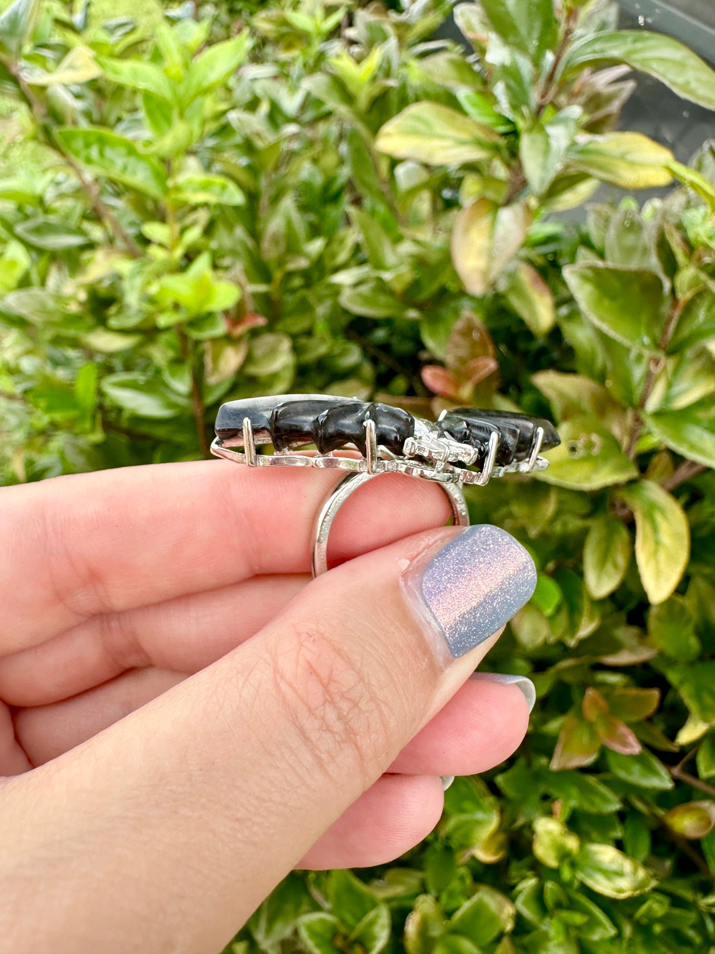 Adjustable Stainless Steel Obsidian Bat Ring - Natural Gemstone Jewelry - Unique Gothic Boho Style Statement Ring - Perfect Gift for Her