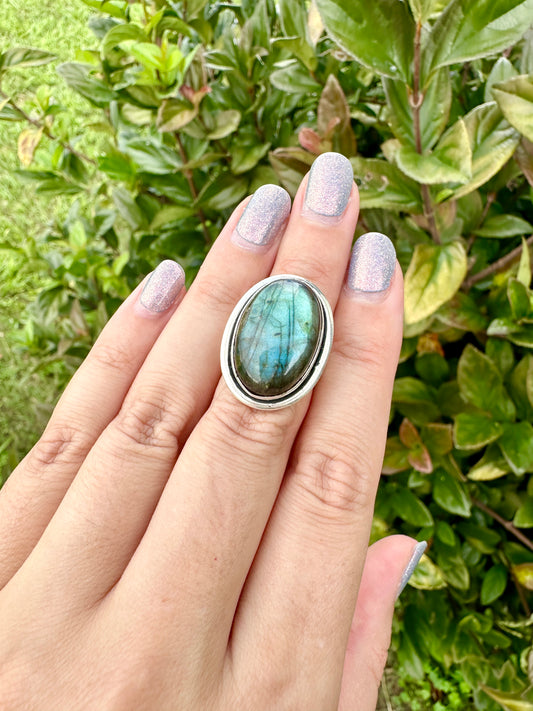 Labradorite Sterling Silver Ring Size 6.5 - Mystical Flashing Stone Ring,  Blue  Gemstone, Unique Reflective Jewelry Piece