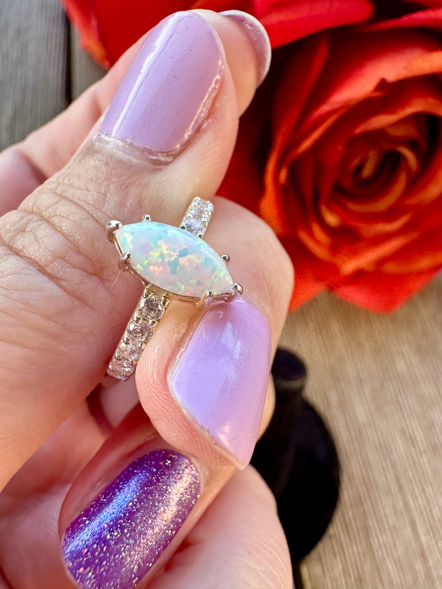 Sterling Silver Opal Ring - Size 5.75, Elegant Handcrafted Jewelry, Unique Fire Opal Engagement Ring, Dainty Feminine Fashion Accessory