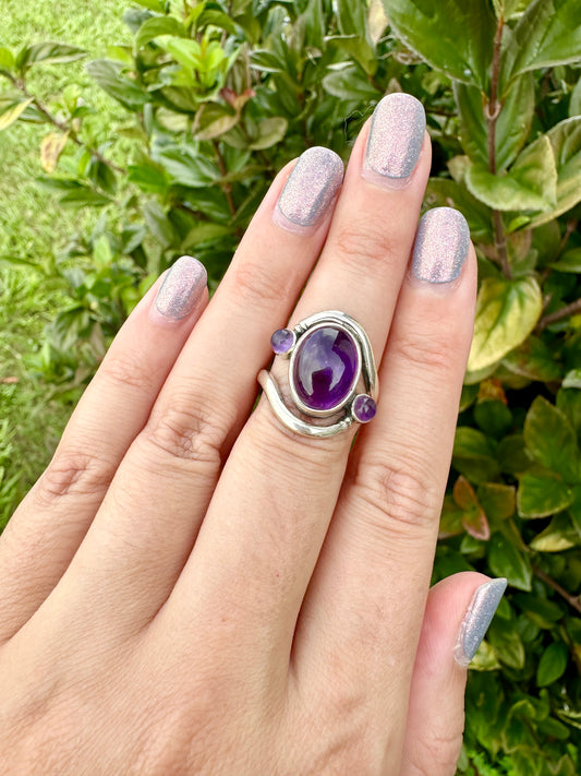 Amethyst Sterling Silver Ring Size 8.75 - Handmade Natural Gemstone Jewelry - Elegant Boho Style Statement Ring - Unique Gift for Her