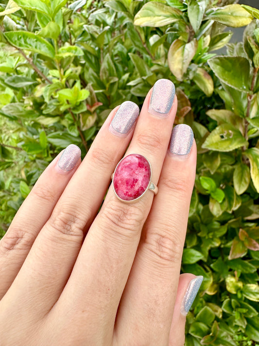 Rhodonite Sterling Silver Ring Size 7.25 - Handmade Natural Gemstone Jewelry - Elegant Boho Style Statement Ring - Unique Gift for Her