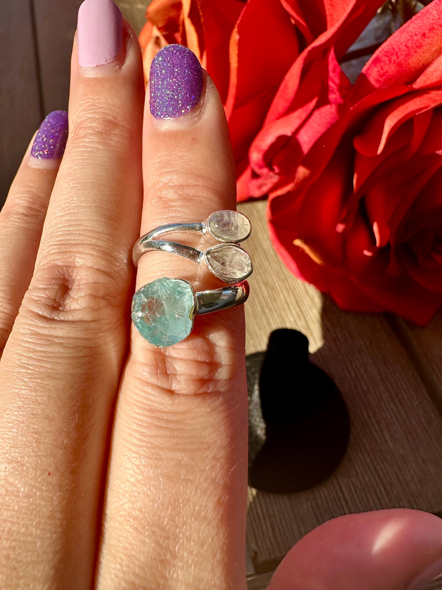 Sterling Silver Aquamarine, Pakimer Diamond, Moonstone Ring -  Ring Size Adjustable Ring