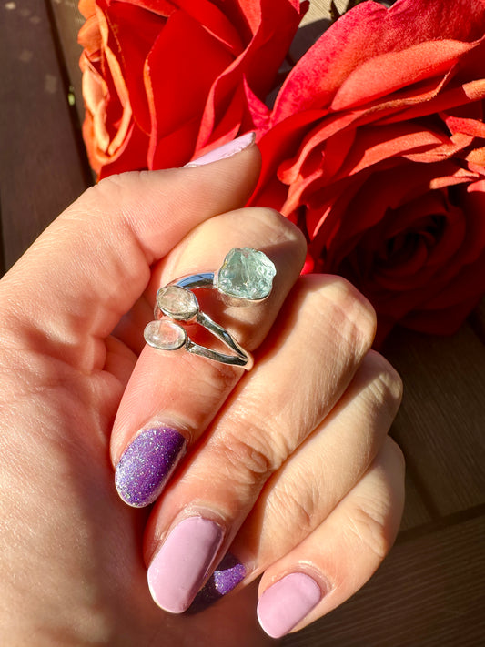 Sterling Silver Aquamarine, Pakimer Diamond, Moonstone Ring -  Ring Size Adjustable Ring