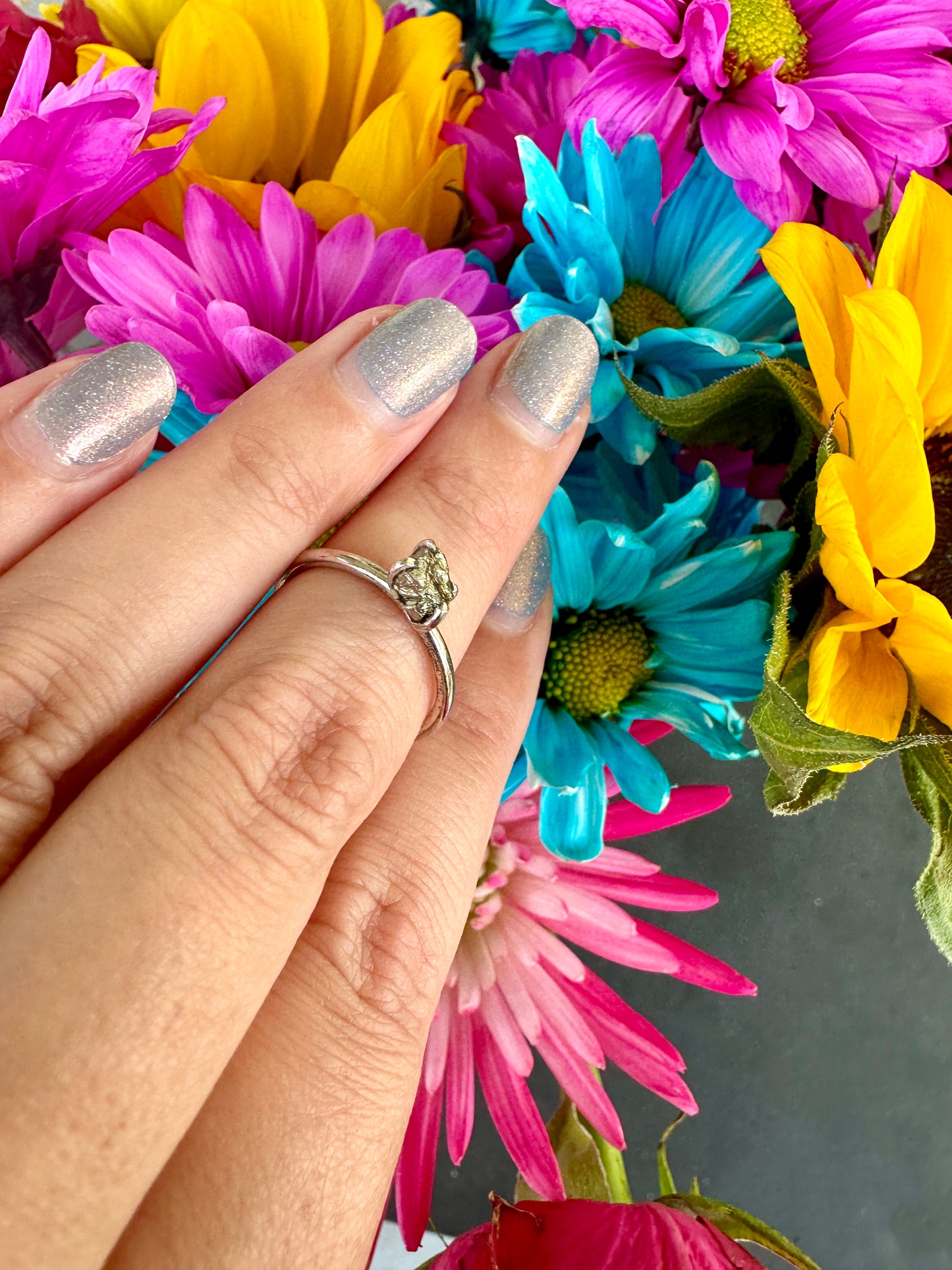 Sterling Silver Pyrite Ring Size 7 -Natural Gemstone Jewelry - Elegant Boho Style Statement Ring - Unique Gift for Her