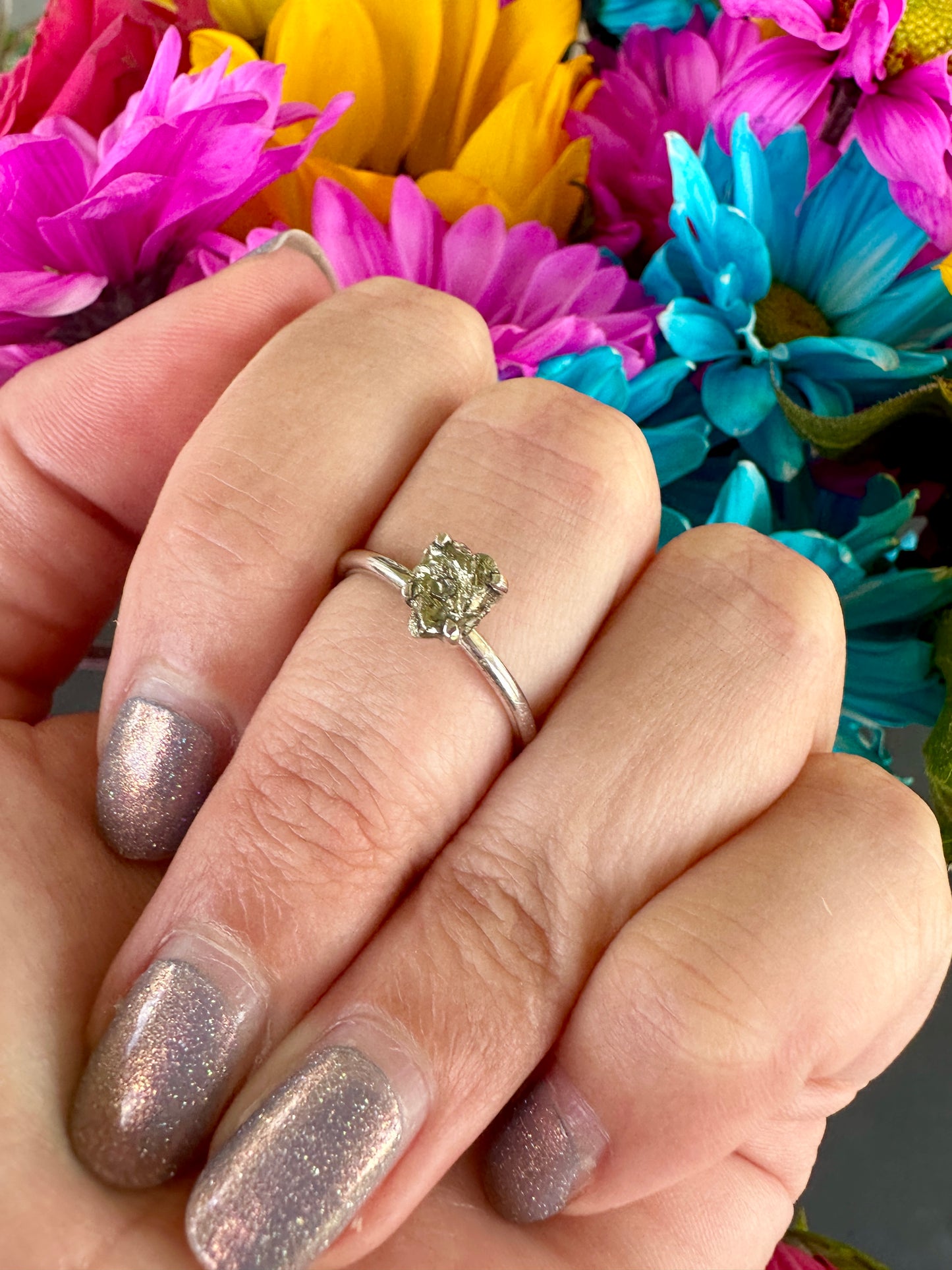 Sterling Silver Pyrite Ring Size 7 -Natural Gemstone Jewelry - Elegant Boho Style Statement Ring - Unique Gift for Her