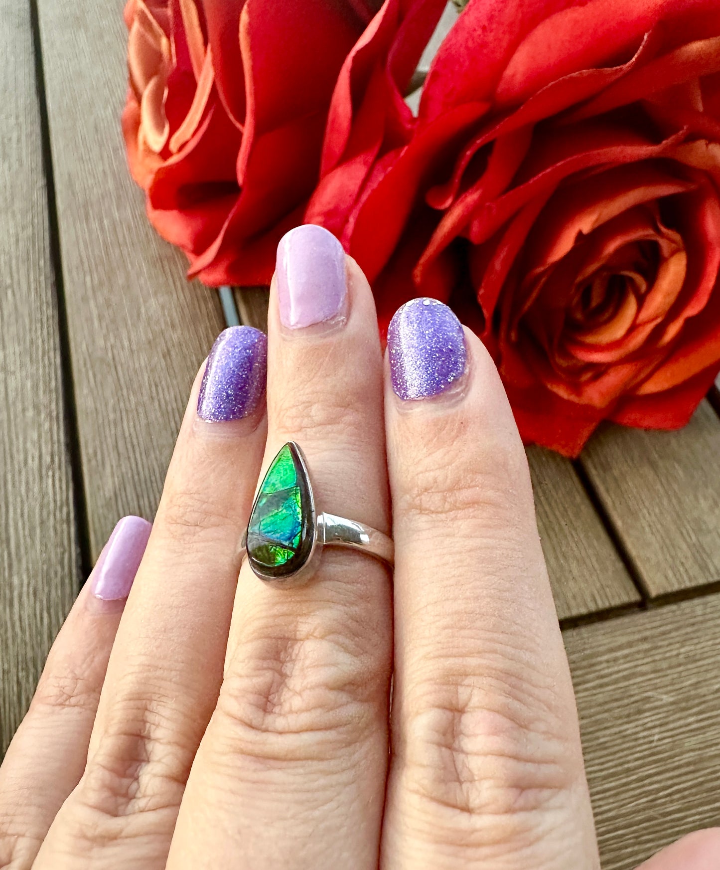 Radiant Size 6 Ammolite Ring in Sterling Silver - A Dazzling Display of Color, Perfect for Adding a Touch of Elegance to Any Outfit