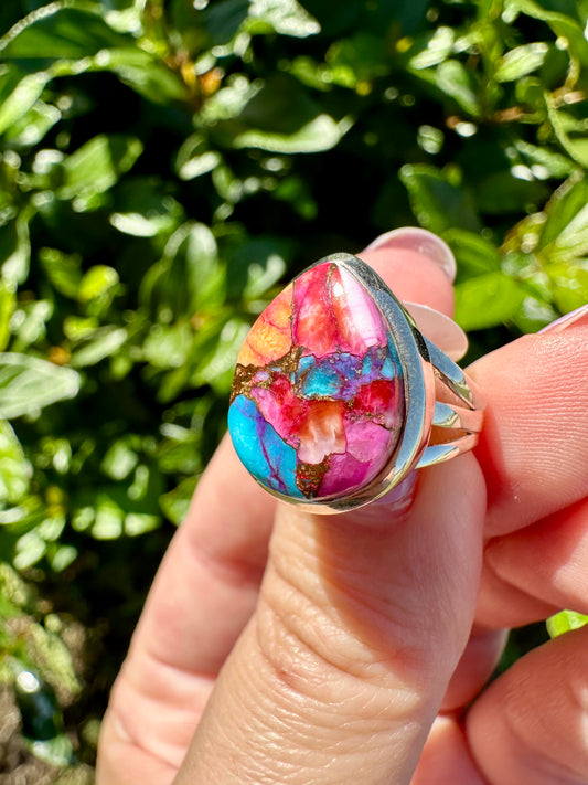 Kingman Pink Dahlia Turquoise Ring Size 6, Unique Handcrafted Gemstone Jewelry, Perfect Gift for Her, Elegant Sterling Silver Band