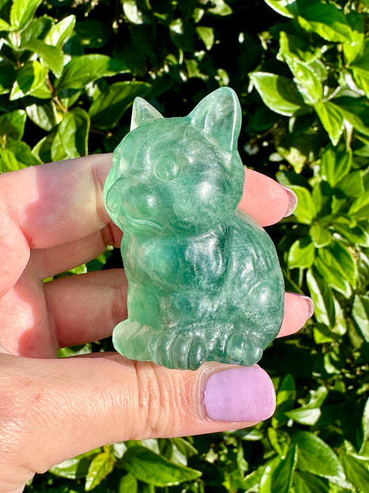 Enchanting Fluorite Cat Carving - Handcrafted Gemstone Cat Statue for Collectors, Healing, and Home Decor
