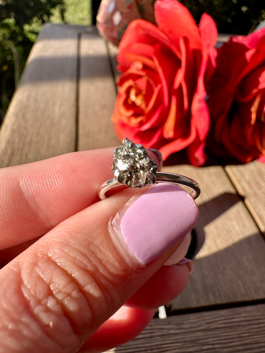 Elegant Sterling Silver Pyrite Ring - Size 6, Luxurious Handcrafted Jewelry for Sophisticated Style and Positive Energy