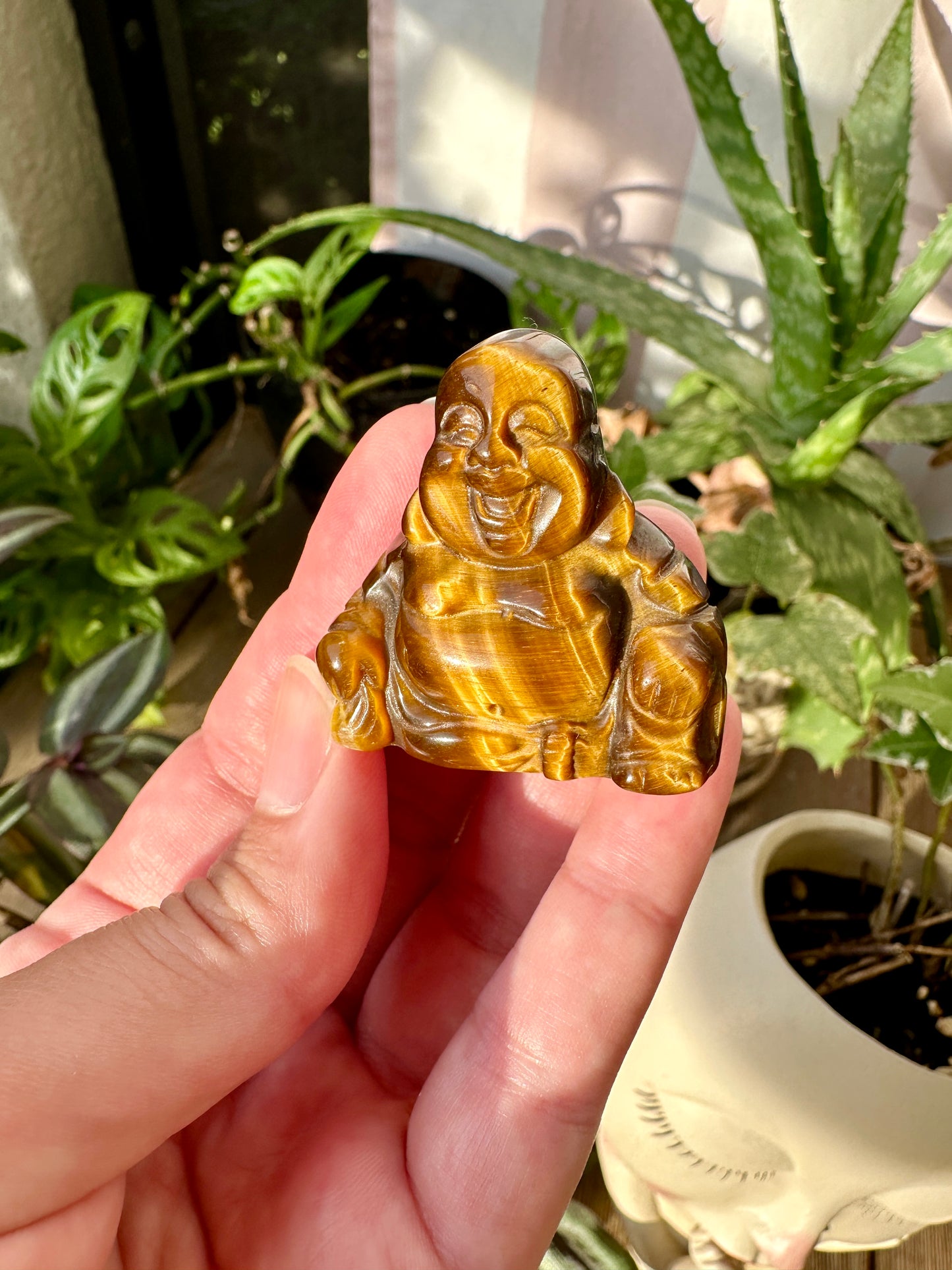 Tiger's Eye Buddha Carving: Spiritual Decor for Meditation and Harmony, Gemstone Statue for Inner Peace