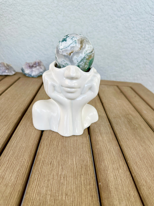 Ceramic Sphere Holder Half Face - Handcrafted Decorative Stand - Unique Boho Style Home Accent - Perfect for Gemstone Spheres