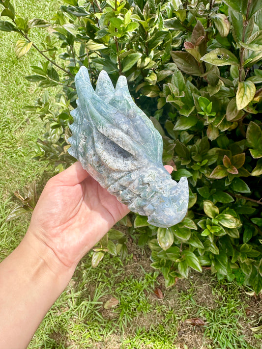 Moss Agate Dragon Head Carving - Natural Gemstone Decor - Unique Healing Stone Sculpture - Boho Style Home Accent