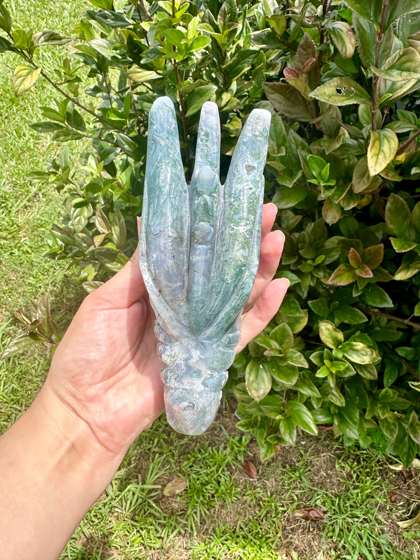 Moss Agate Dragon Head Carving - Natural Gemstone Decor - Unique Healing Stone Sculpture - Boho Style Home Accent