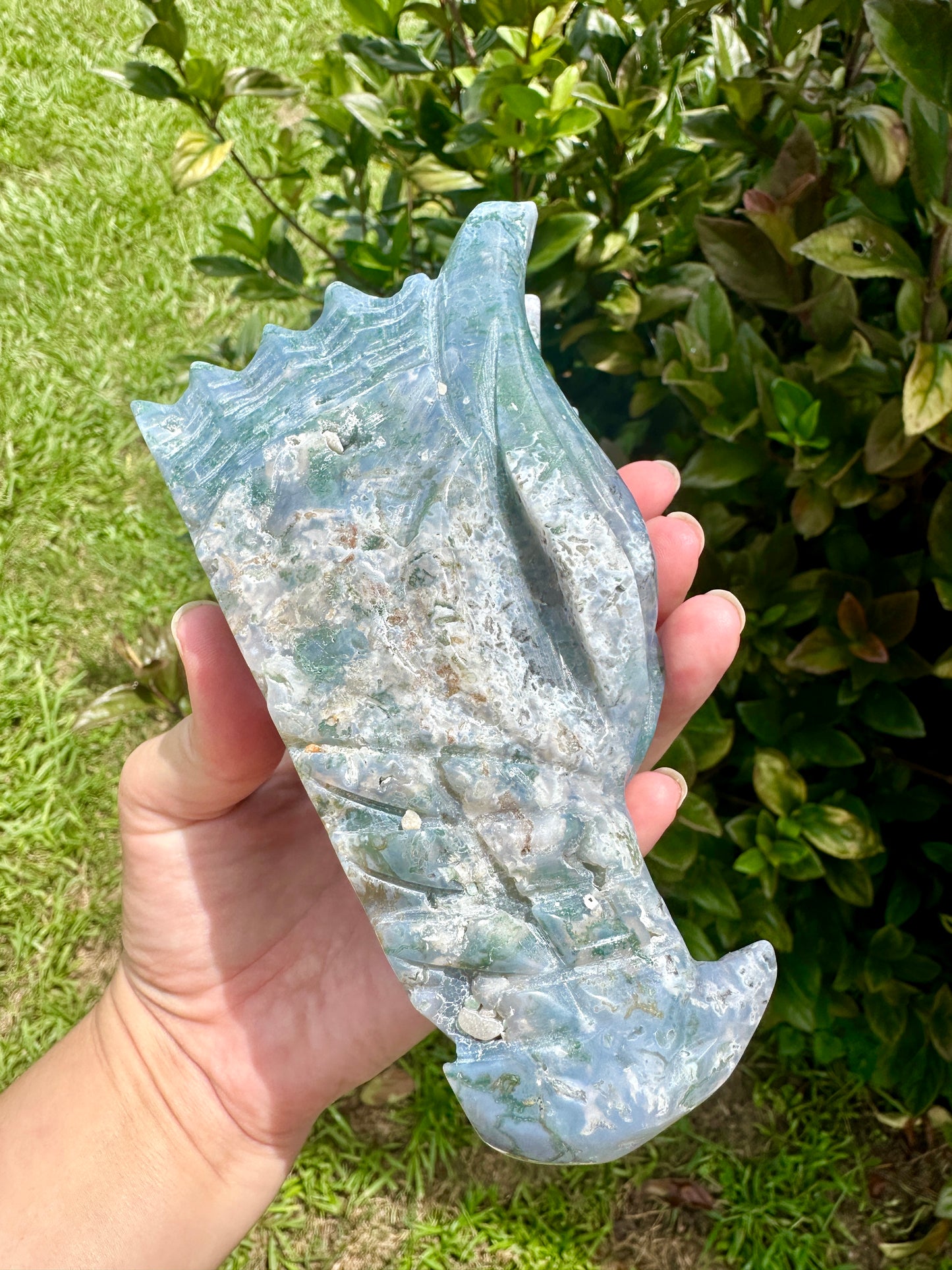 Moss Agate Dragon Head Carving - Natural Gemstone Decor - Unique Healing Stone Sculpture - Boho Style Home Accent