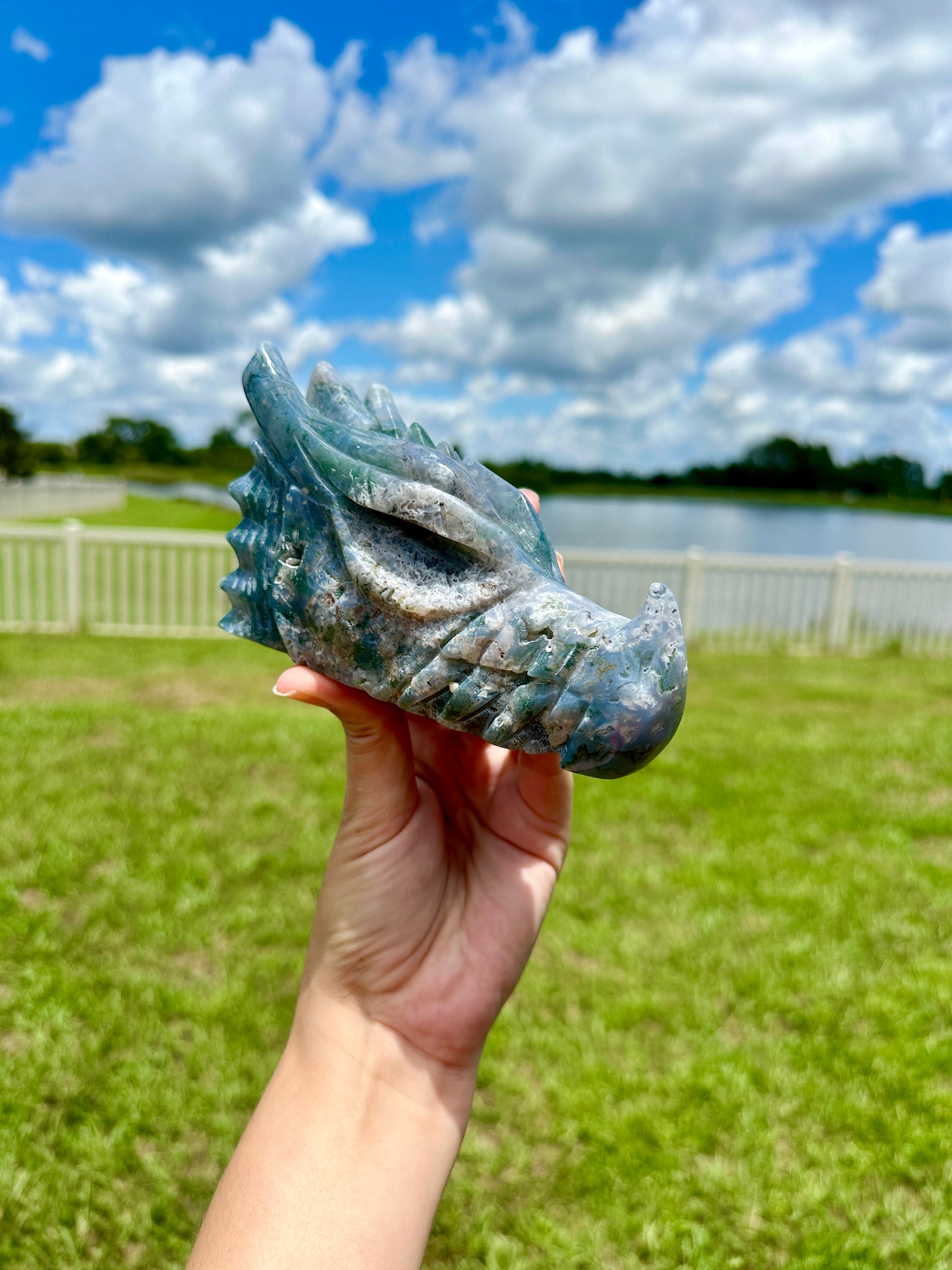 Moss Agate Dragon Head Carving - Natural Gemstone Decor - Unique Healing Stone Sculpture - Boho Style Home Accent