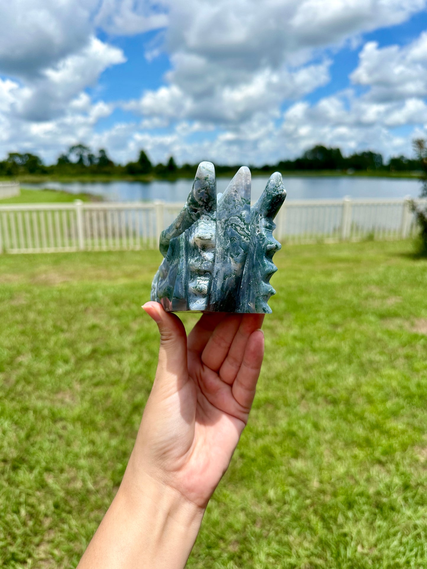 Moss Agate Dragon Head Carving - Natural Gemstone Decor - Unique Healing Stone Sculpture - Boho Style Home Accent