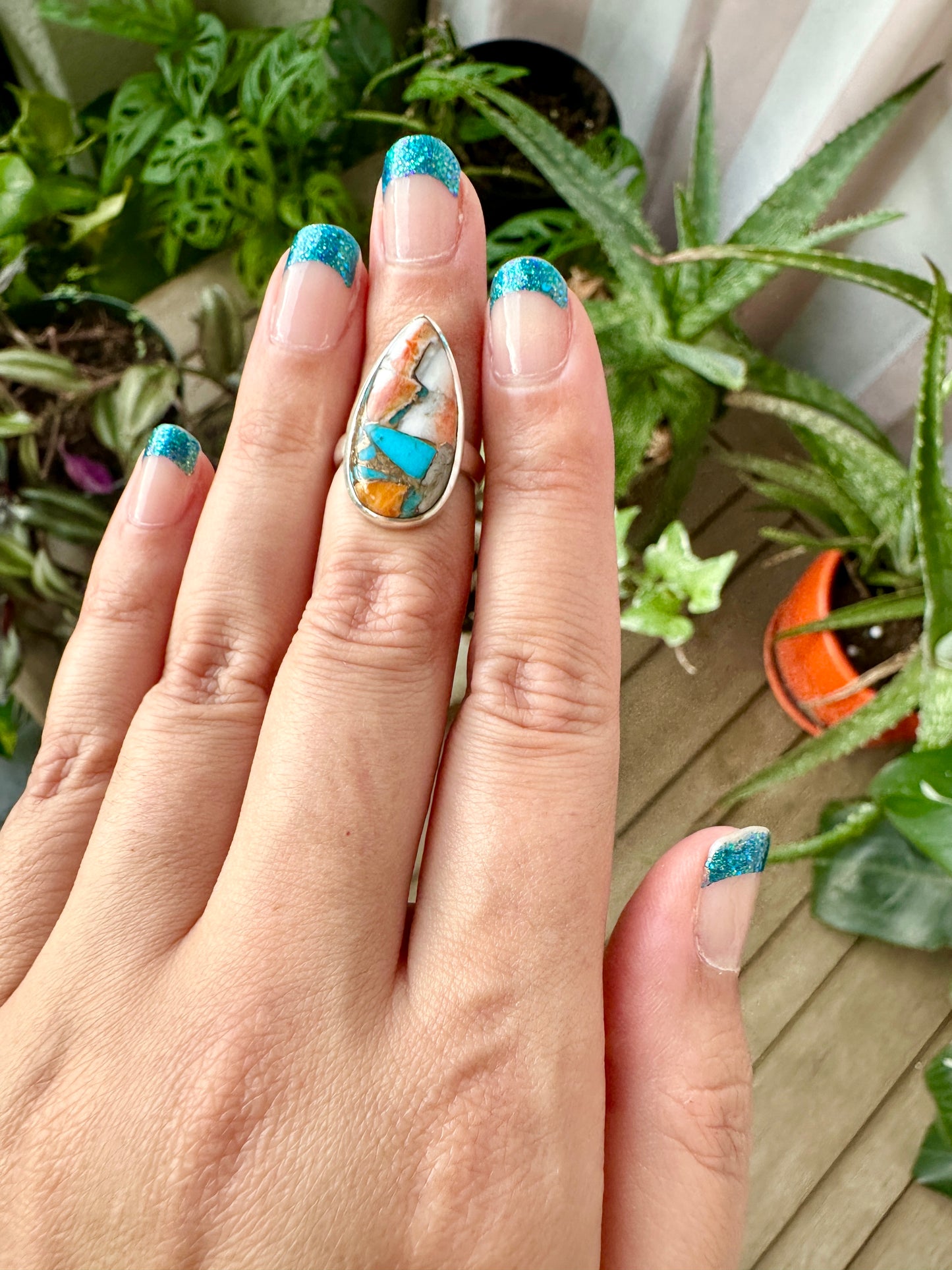 Spiny Oyster Turquoise Sterling Silver Ring Size 5.25 - Natural Gemstone Jewelry - Elegant Boho Style Statement Ring - Unique Gift for Her