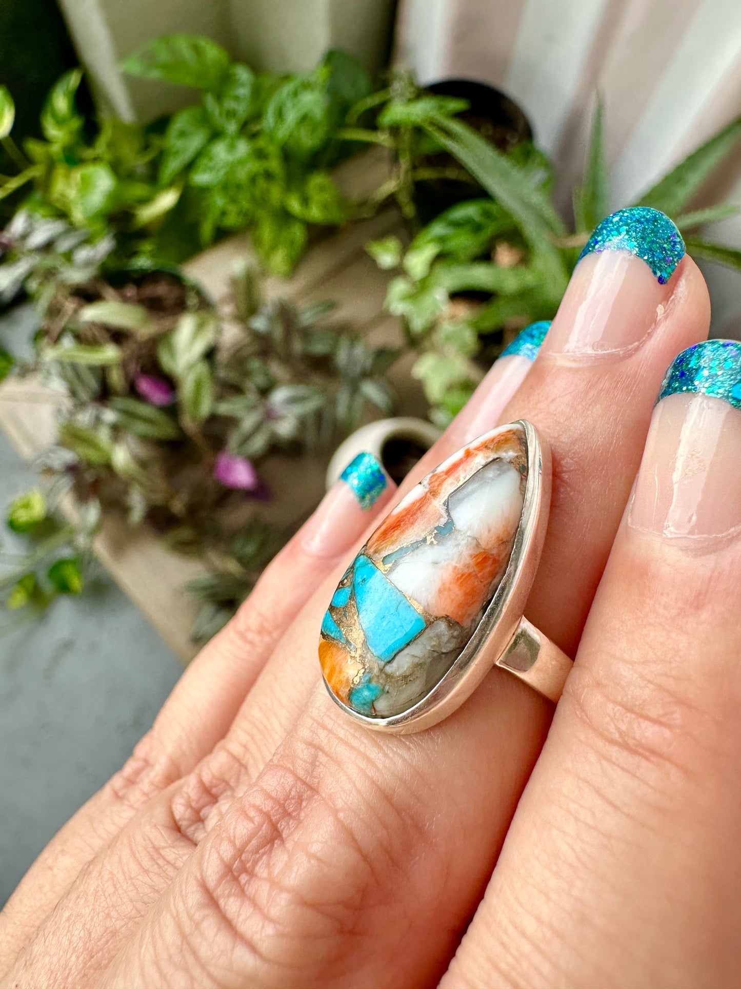 Spiny Oyster Turquoise Sterling Silver Ring Size 5.25 - Natural Gemstone Jewelry - Elegant Boho Style Statement Ring - Unique Gift for Her