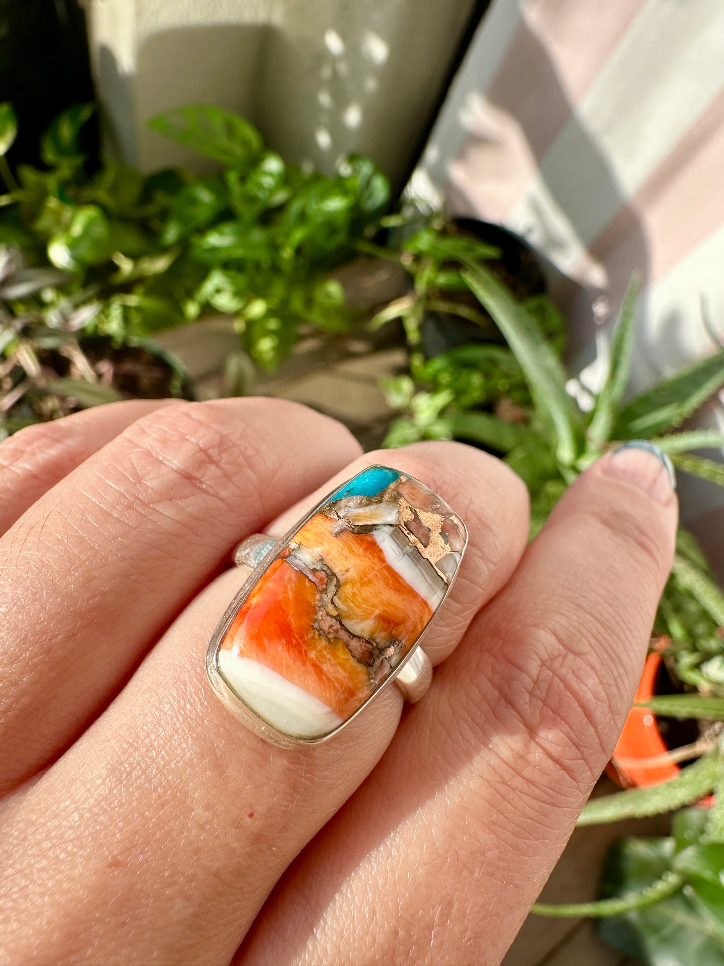 Spiny Oyster Turquoise Sterling Silver Ring Size 9.25 - Natural Gemstone Jewelry - Elegant Boho Style Statement Ring - Unique Gift for Her