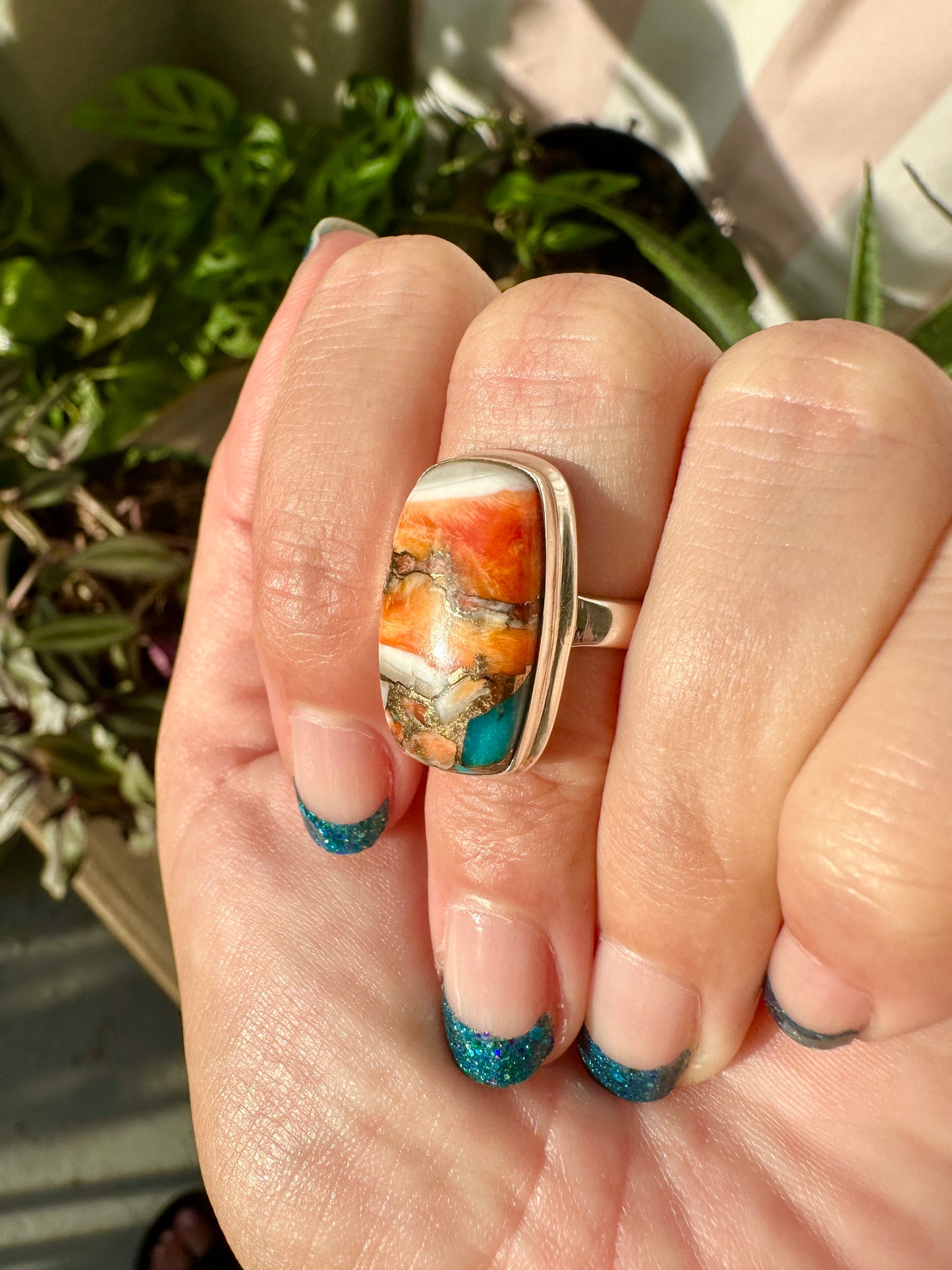 Spiny Oyster Turquoise Sterling Silver Ring Size 9.25 - Natural Gemstone Jewelry - Elegant Boho Style Statement Ring - Unique Gift for Her