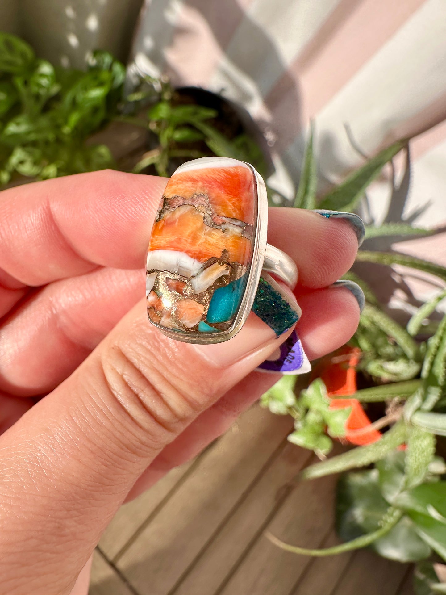 Spiny Oyster Turquoise Sterling Silver Ring Size 9.25 - Natural Gemstone Jewelry - Elegant Boho Style Statement Ring - Unique Gift for Her