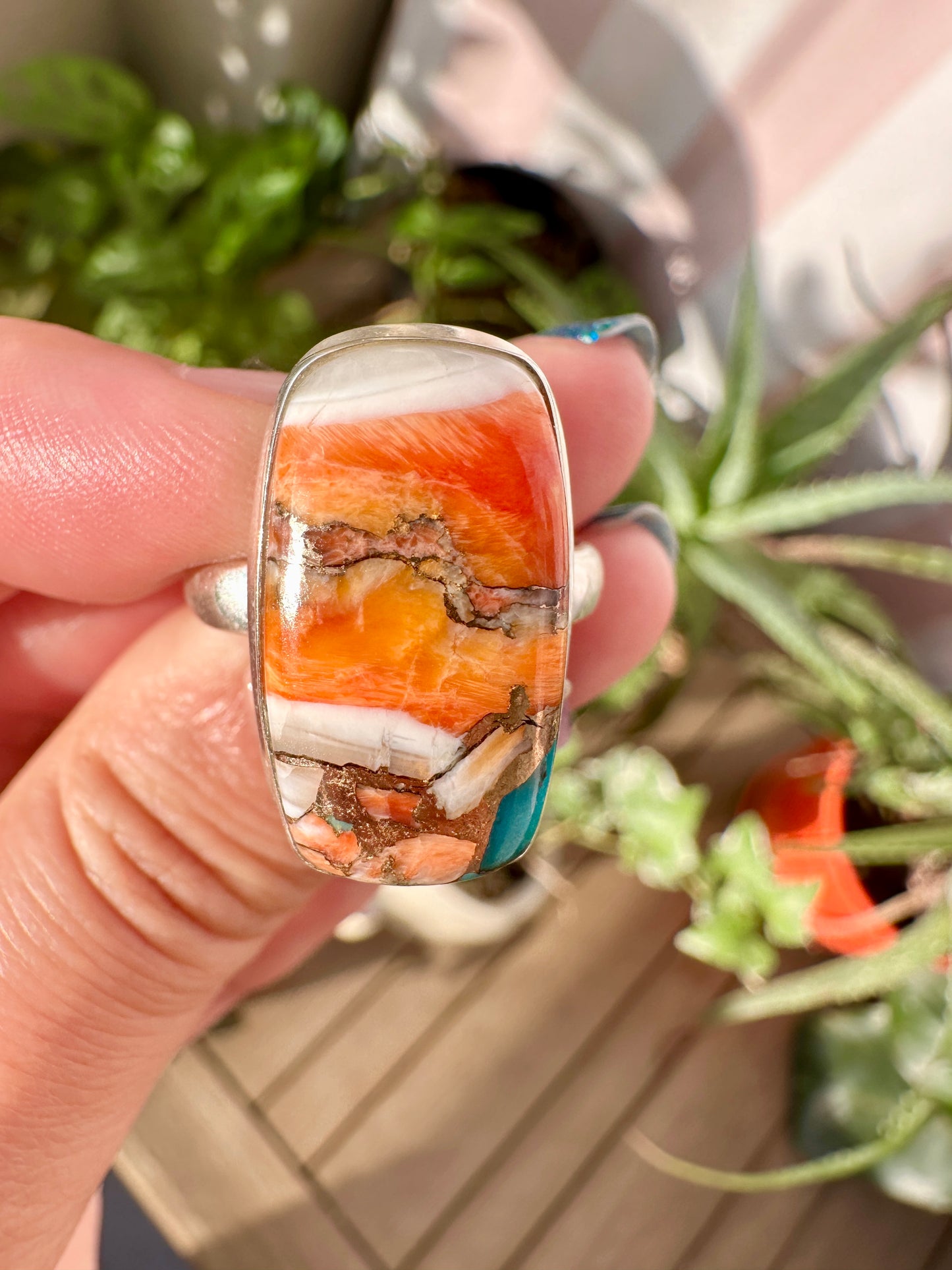 Spiny Oyster Turquoise Sterling Silver Ring Size 9.25 - Natural Gemstone Jewelry - Elegant Boho Style Statement Ring - Unique Gift for Her