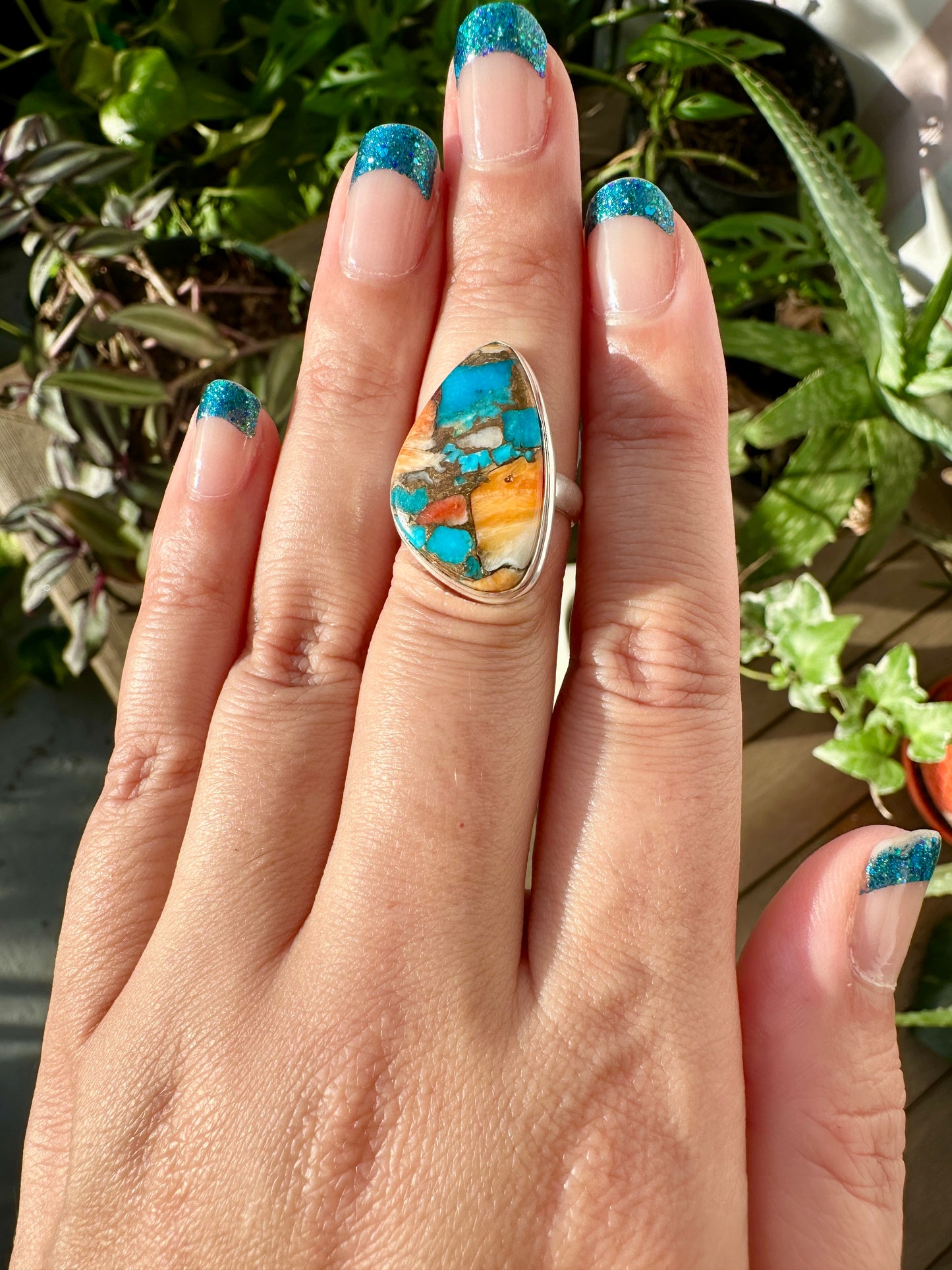 Spiny Oyster Turquoise Sterling Silver Ring Size 7 - Natural Gemstone Jewelry - Elegant Boho Style Statement Ring - Unique Gift for Her