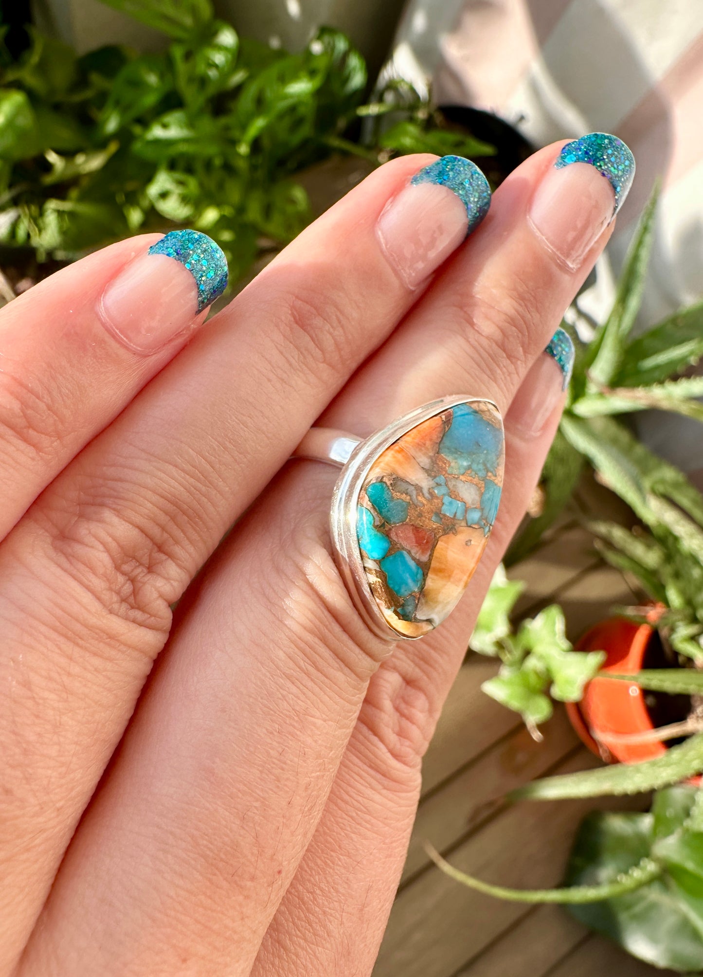 Spiny Oyster Turquoise Sterling Silver Ring Size 7 - Natural Gemstone Jewelry - Elegant Boho Style Statement Ring - Unique Gift for Her