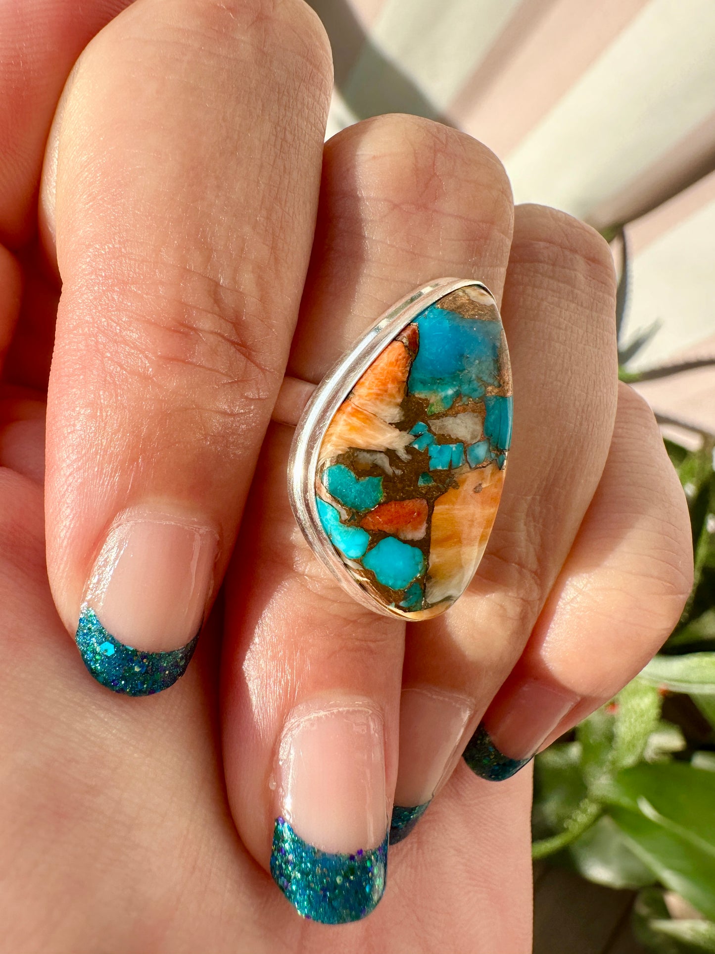 Spiny Oyster Turquoise Sterling Silver Ring Size 7 - Natural Gemstone Jewelry - Elegant Boho Style Statement Ring - Unique Gift for Her