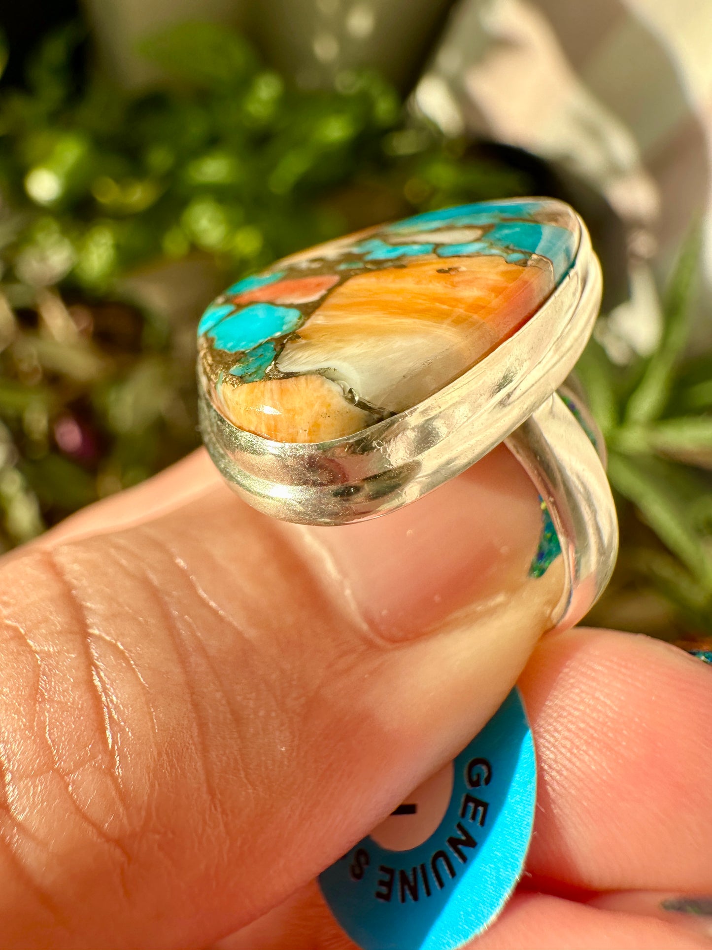 Spiny Oyster Turquoise Sterling Silver Ring Size 7 - Natural Gemstone Jewelry - Elegant Boho Style Statement Ring - Unique Gift for Her