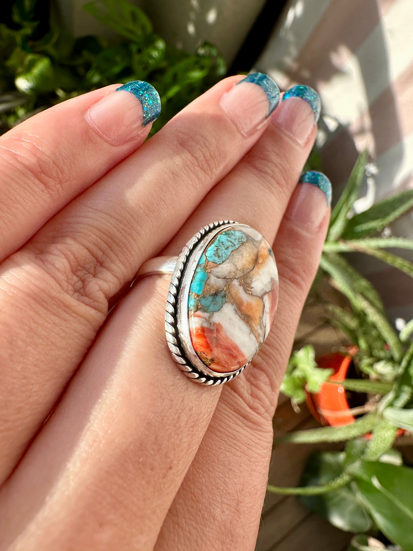 Spiny Oyster Turquoise Sterling Silver Ring Size 8.5 - Natural Gemstone Jewelry - Elegant Boho Style Statement Ring - Unique Gift for Her