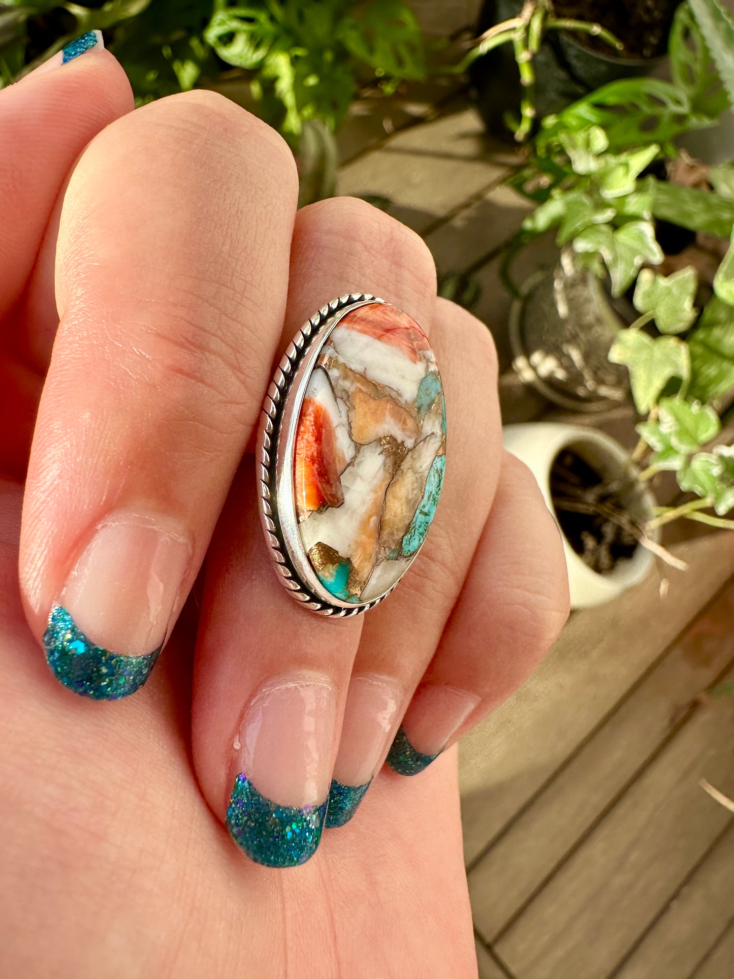 Spiny Oyster Turquoise Sterling Silver Ring Size 8.5 - Natural Gemstone Jewelry - Elegant Boho Style Statement Ring - Unique Gift for Her