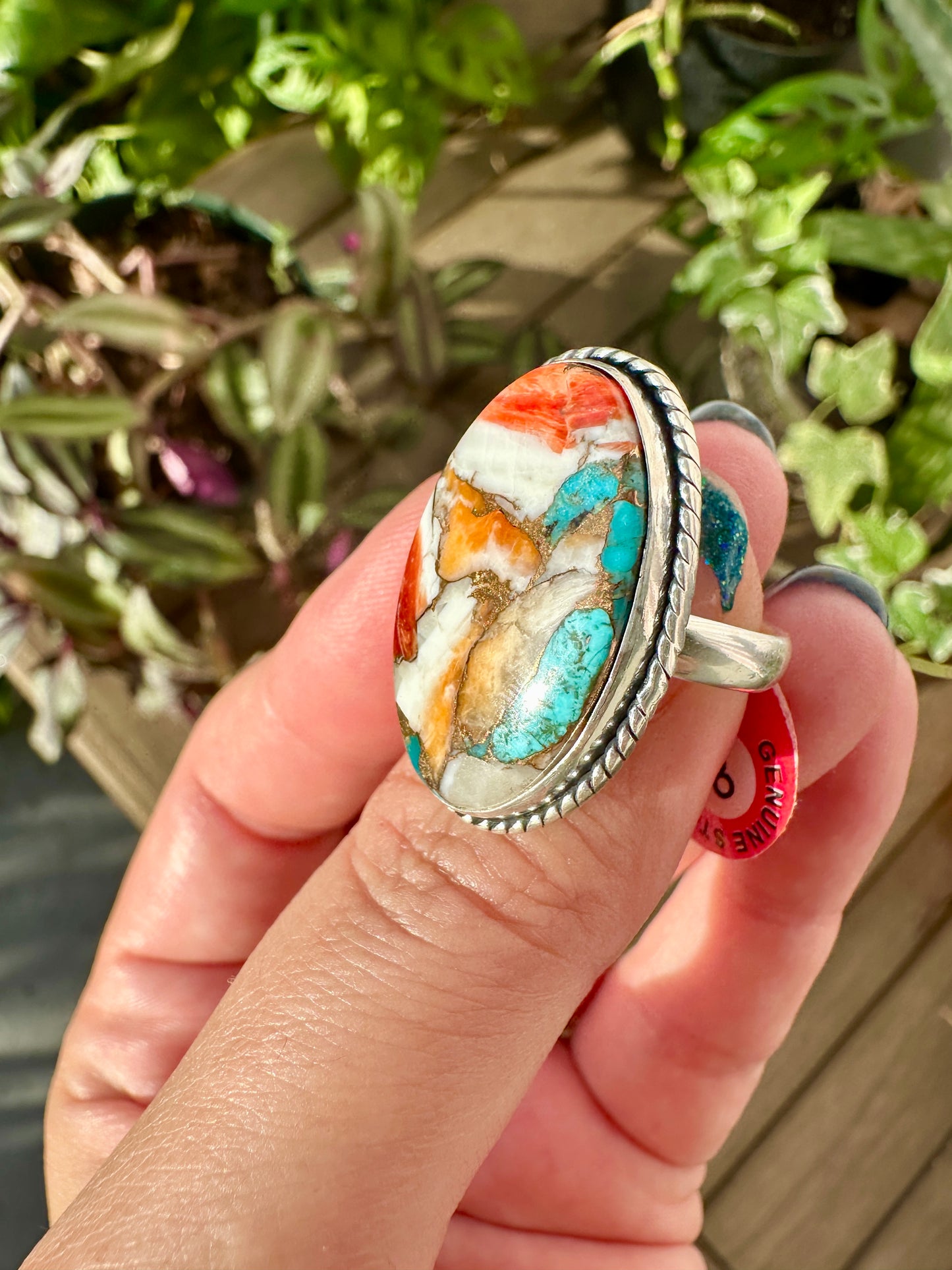 Spiny Oyster Turquoise Sterling Silver Ring Size 8.5 - Natural Gemstone Jewelry - Elegant Boho Style Statement Ring - Unique Gift for Her