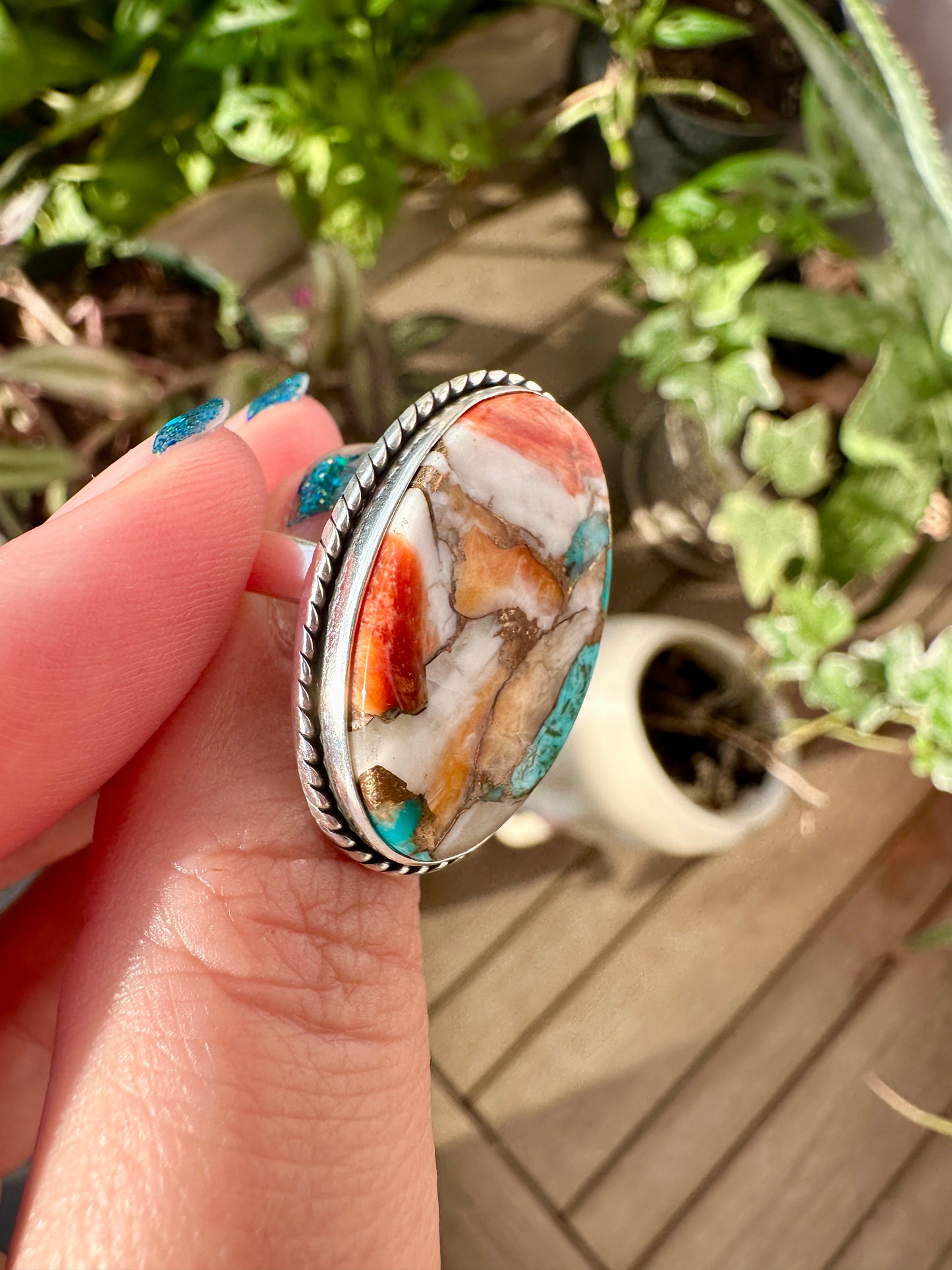 Spiny Oyster Turquoise Sterling Silver Ring Size 8.5 - Natural Gemstone Jewelry - Elegant Boho Style Statement Ring - Unique Gift for Her