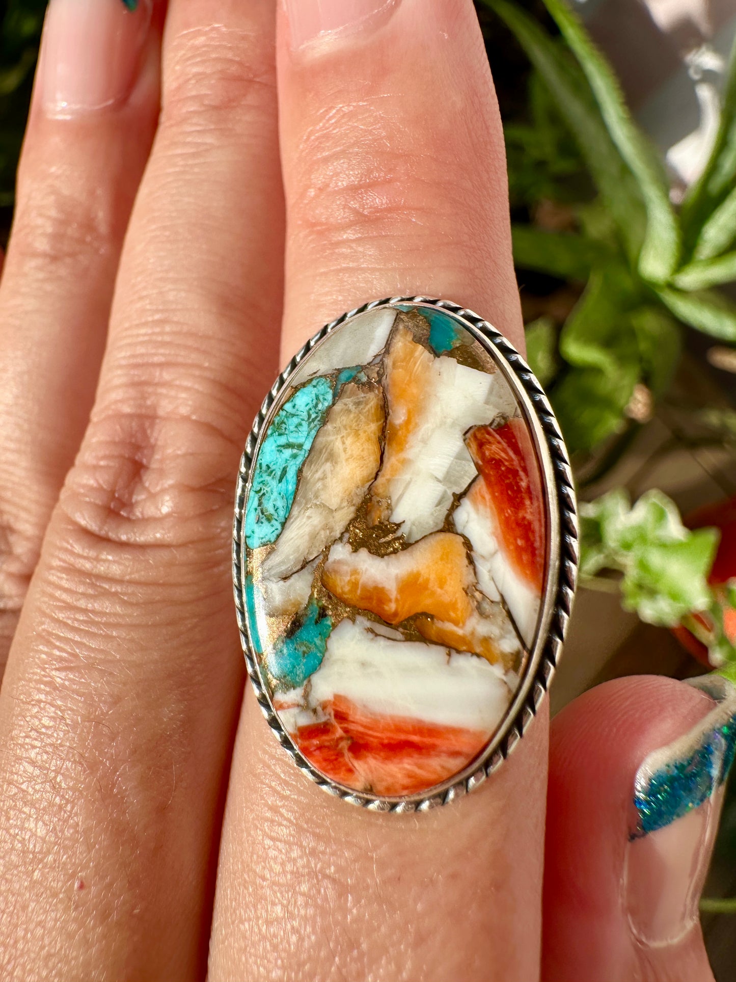 Spiny Oyster Turquoise Sterling Silver Ring Size 8.5 - Natural Gemstone Jewelry - Elegant Boho Style Statement Ring - Unique Gift for Her