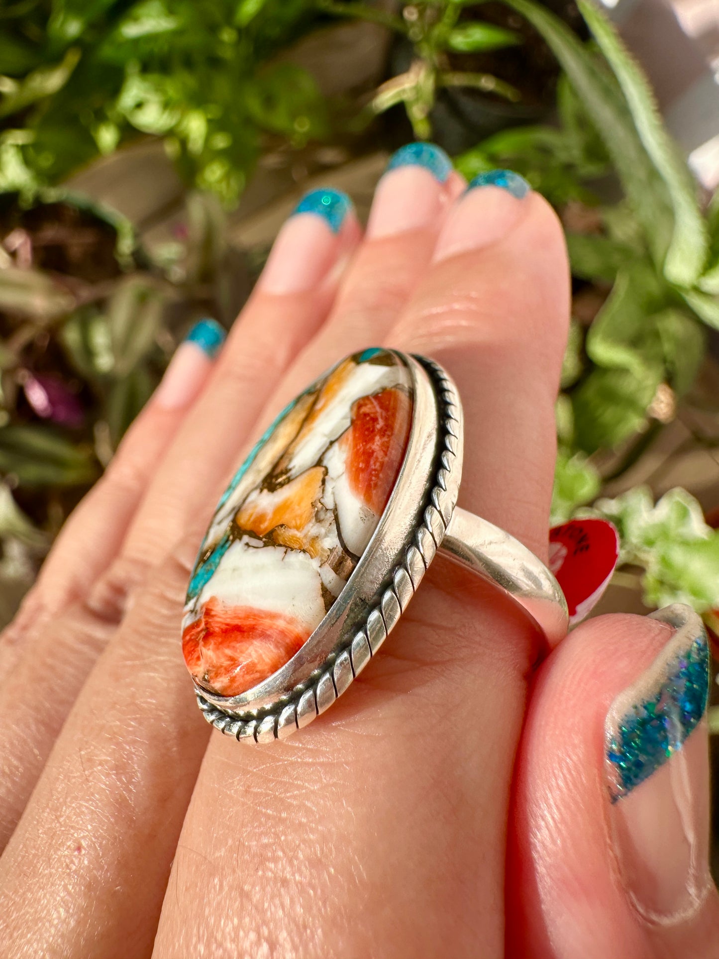 Spiny Oyster Turquoise Sterling Silver Ring Size 8.5 - Natural Gemstone Jewelry - Elegant Boho Style Statement Ring - Unique Gift for Her