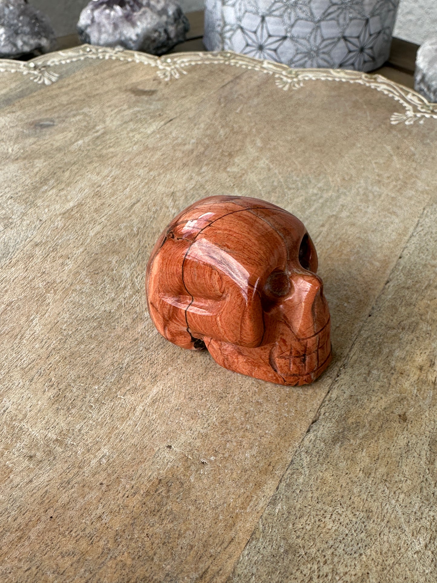 Brecciated Jasper Skull Carving: Unique Handcrafted Gemstone Skull, Vibrant Red & Patterned Jasper Decor Piece, Mystical & Earthy Home Decor