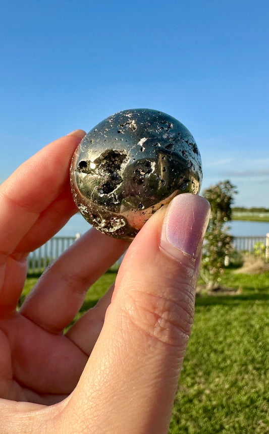 Stunning Pyrite Druzy Sphere - Luxurious Golden Crystal Ball, Perfect for Home Decor & Energy Healing, Ideal Gift for Crystal Enthusiasts